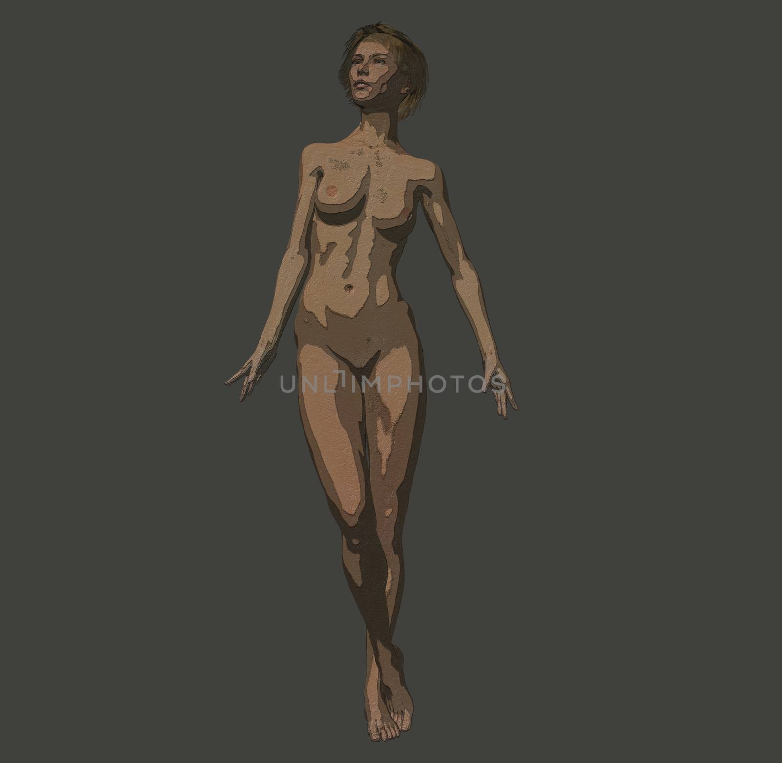 3D render of realistic female figure with smooth skin and fit body in standing pose. Healthy naked cartoon style illustration by skrotov