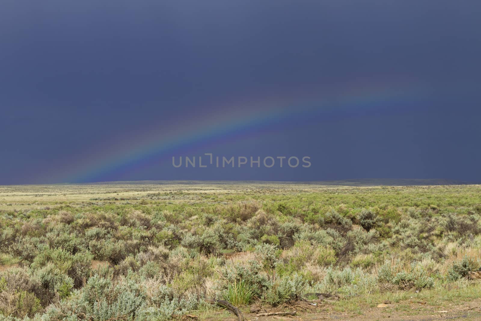 Rainbow in storm darkened, blue skies of Wyoming at McCullough Peaks Horse Management Area near Cody.  