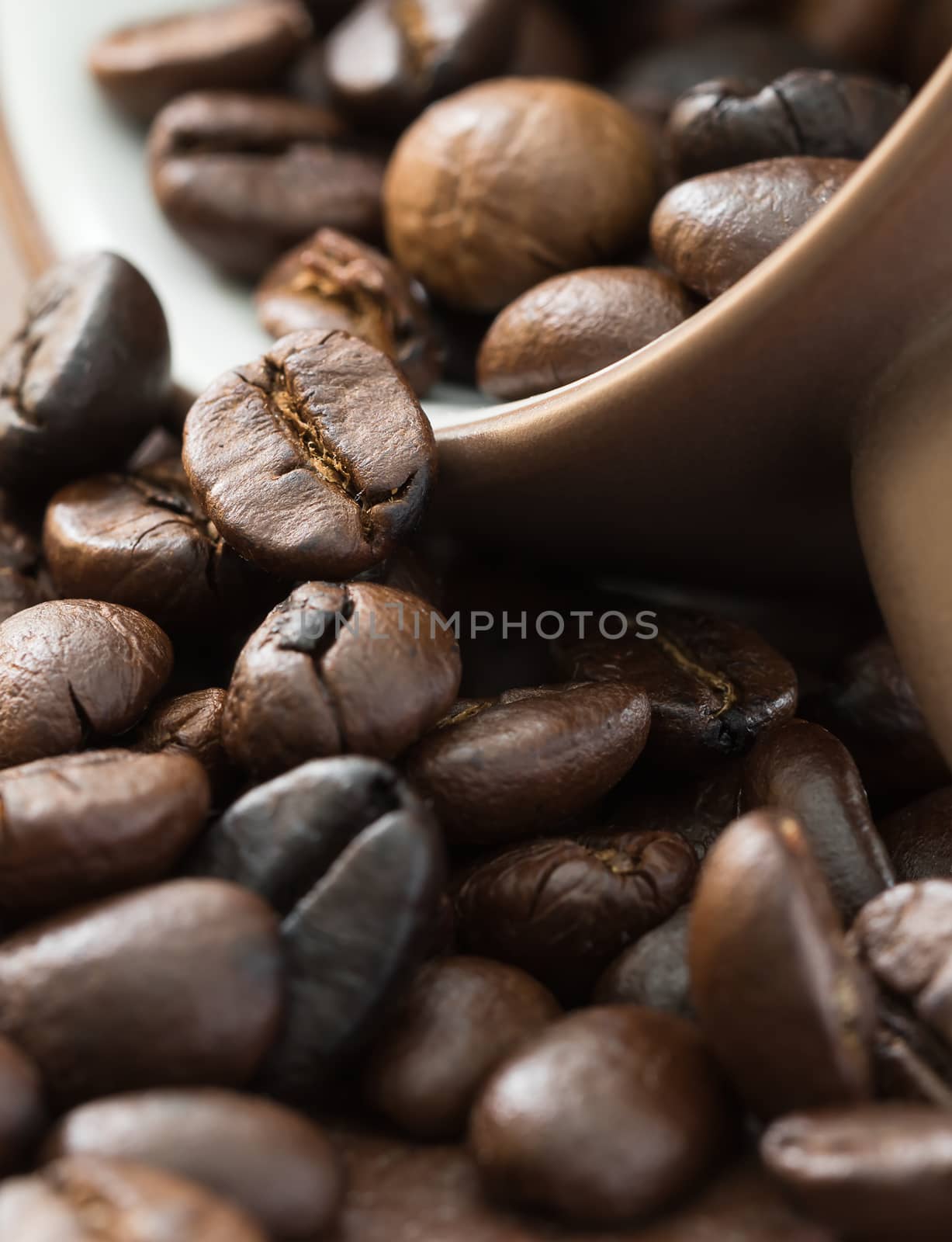 Close up roasted coffee beans and coffee cup