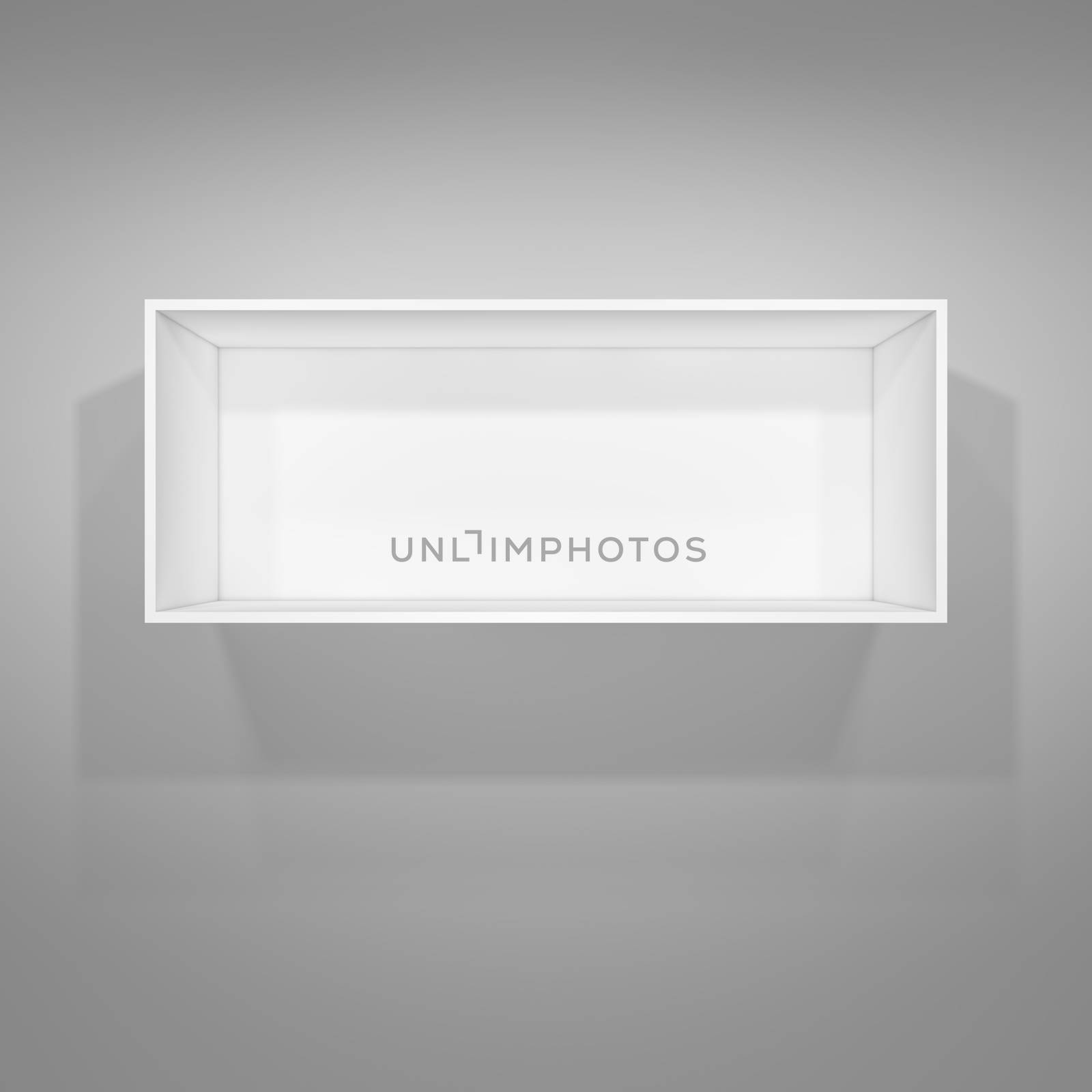 Illuminated white shelf for presentations. Gray background. 3D illustration