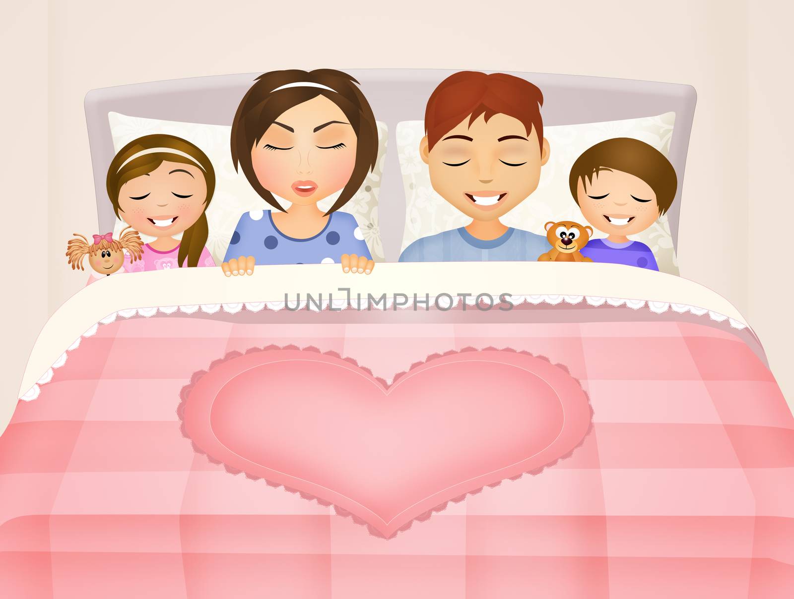 illustration of children sleep with parents