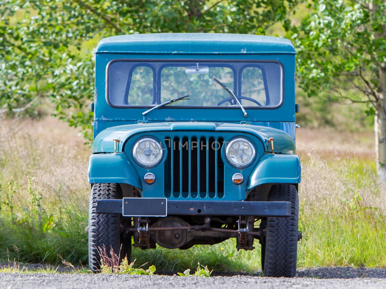 REYKJAVIK, ICELAND - July 29, 2016: Selective focus on an abandoned Willys Jeep on Iceland. Willys Jeeps were made by Willys-Overland Motors from 1947 to 1965.
