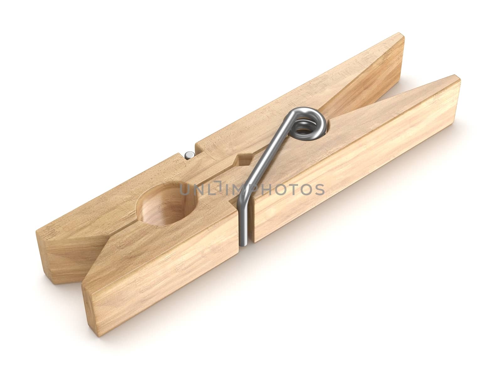 One wooden clothespin. 3D render illustration isolated on white background