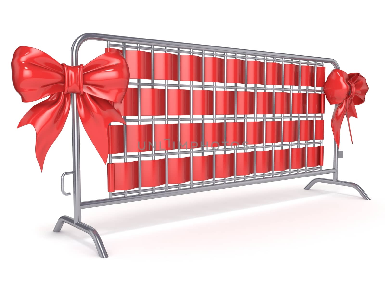 Steel barricades with red ribbon bows. Side view. 3D by djmilic