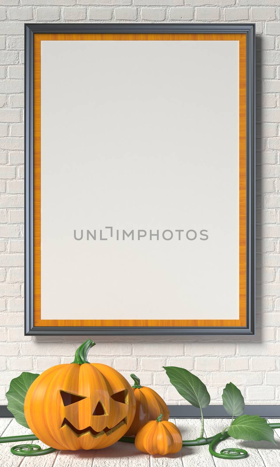 Jack O Lantern pumpkin, green leafs and mock up blank poster on white wall. 3D render illustration background