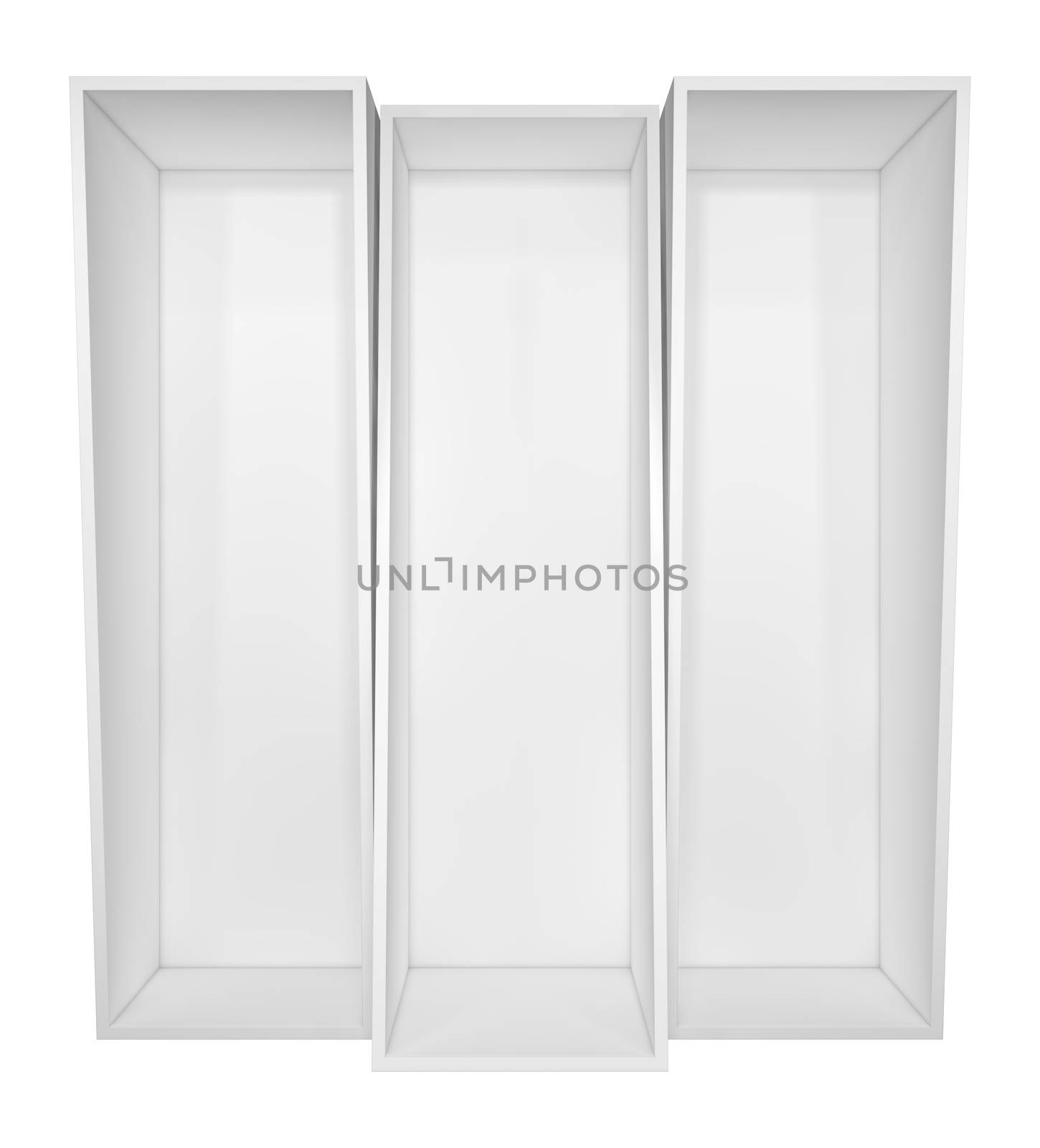 Empty white bookshelf. Isolated on white background. 3D illustration