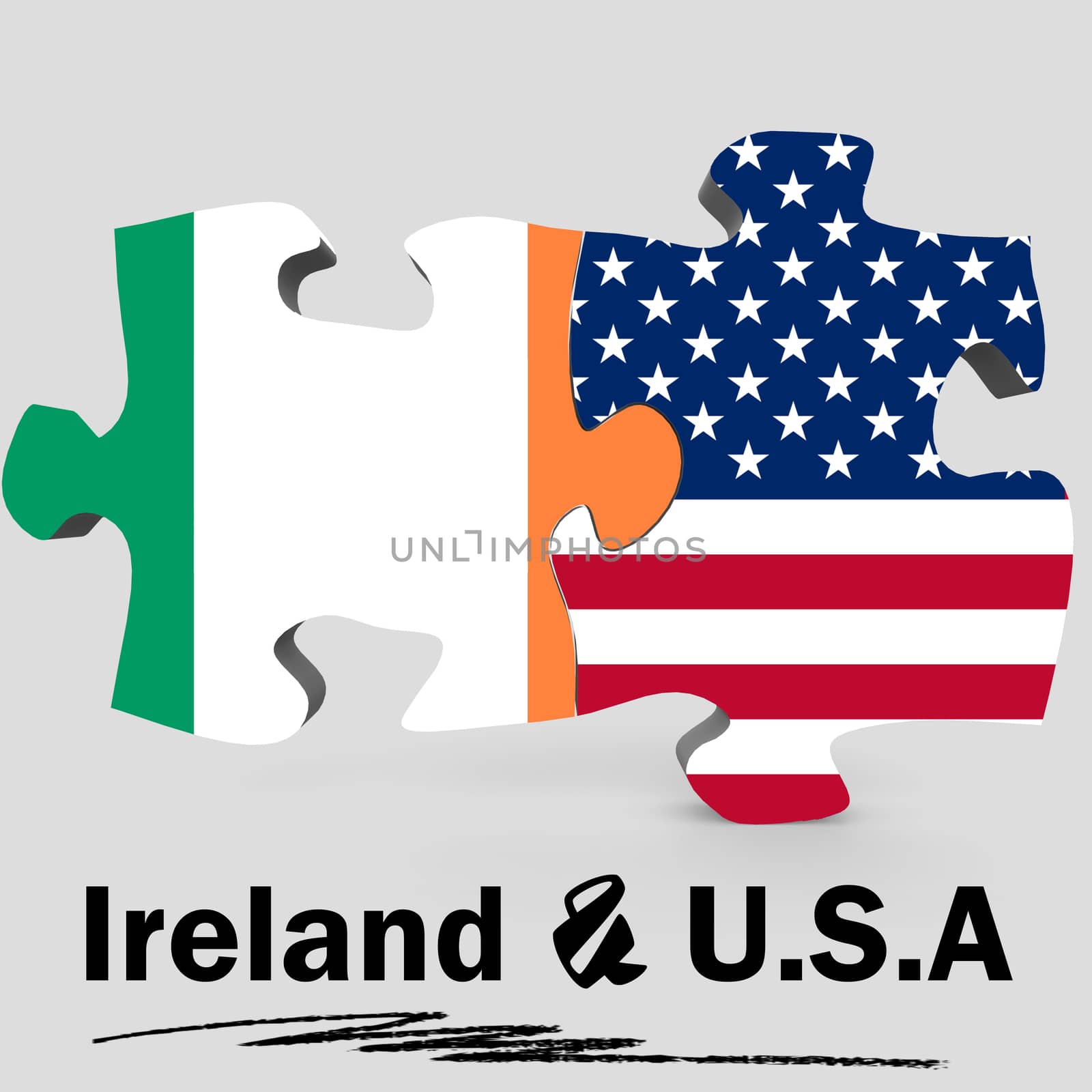 USA and Ireland Flags in puzzle isolated on white background, 3D rendering
