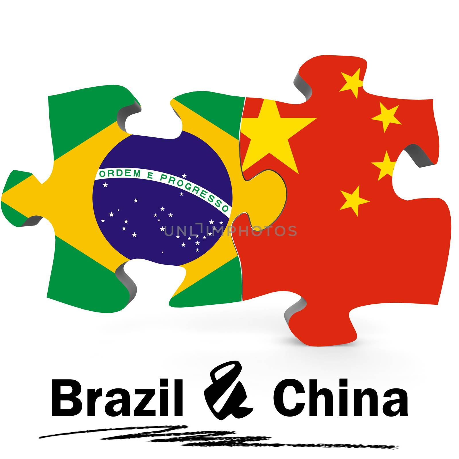 China and Brazil Flags in puzzle isolated on white background, 3D rendering