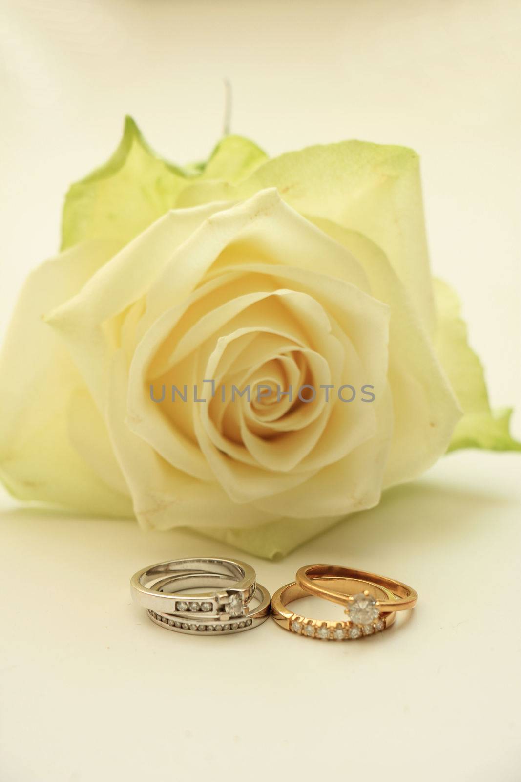 Two diamond wedding sets and ivory white rose