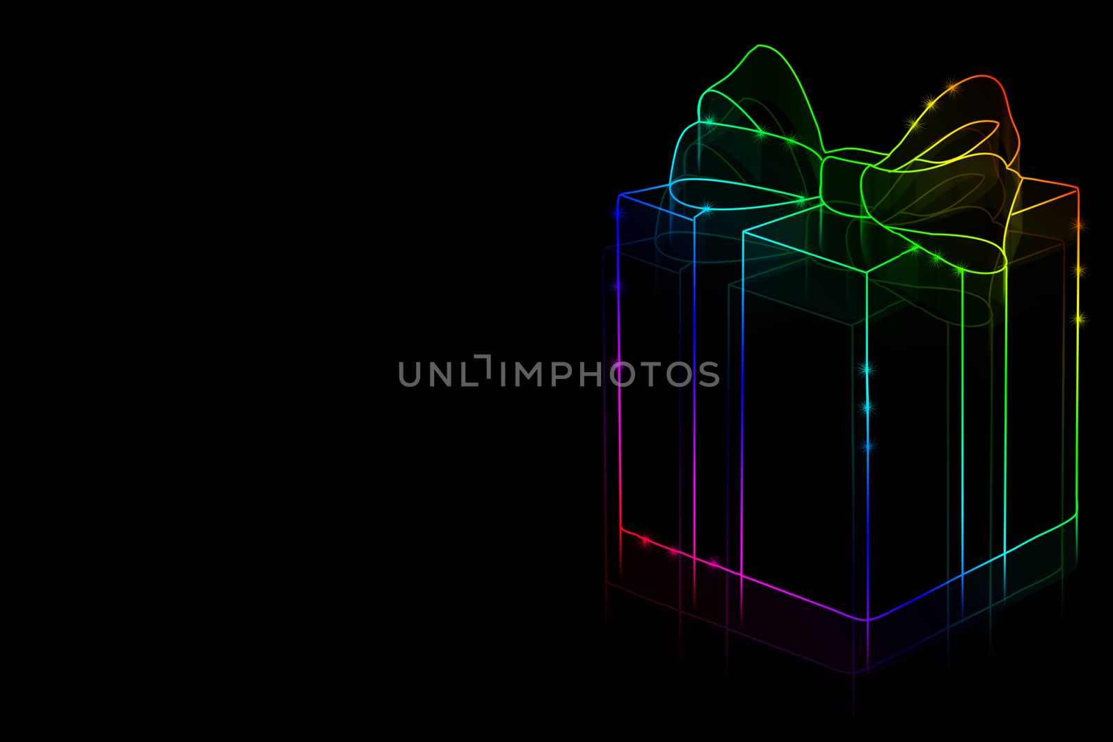 Neon gift on a black background with space for text