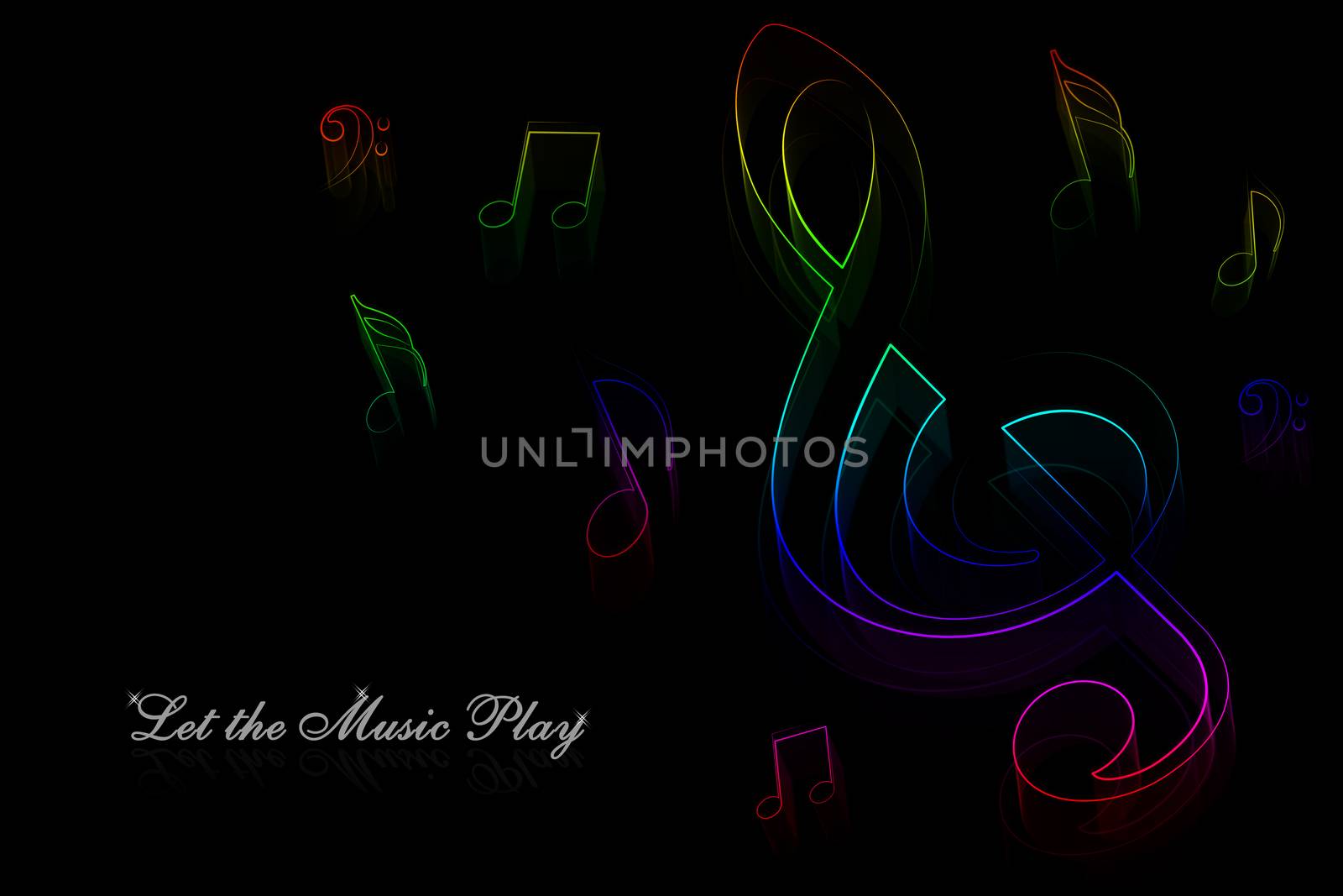 Neon music notes on a black background