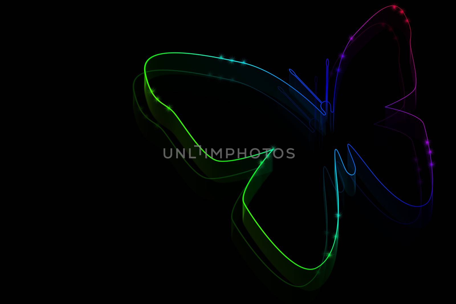 Neon butterfly symbol on a black background with space for text