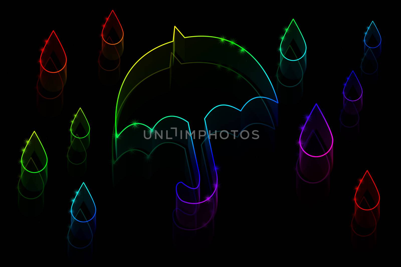 Neon umbrella and rain on a black background