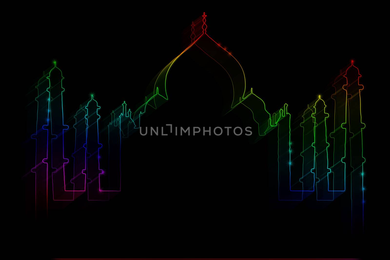 Neon silhouette of Taj Mahal on a black background
