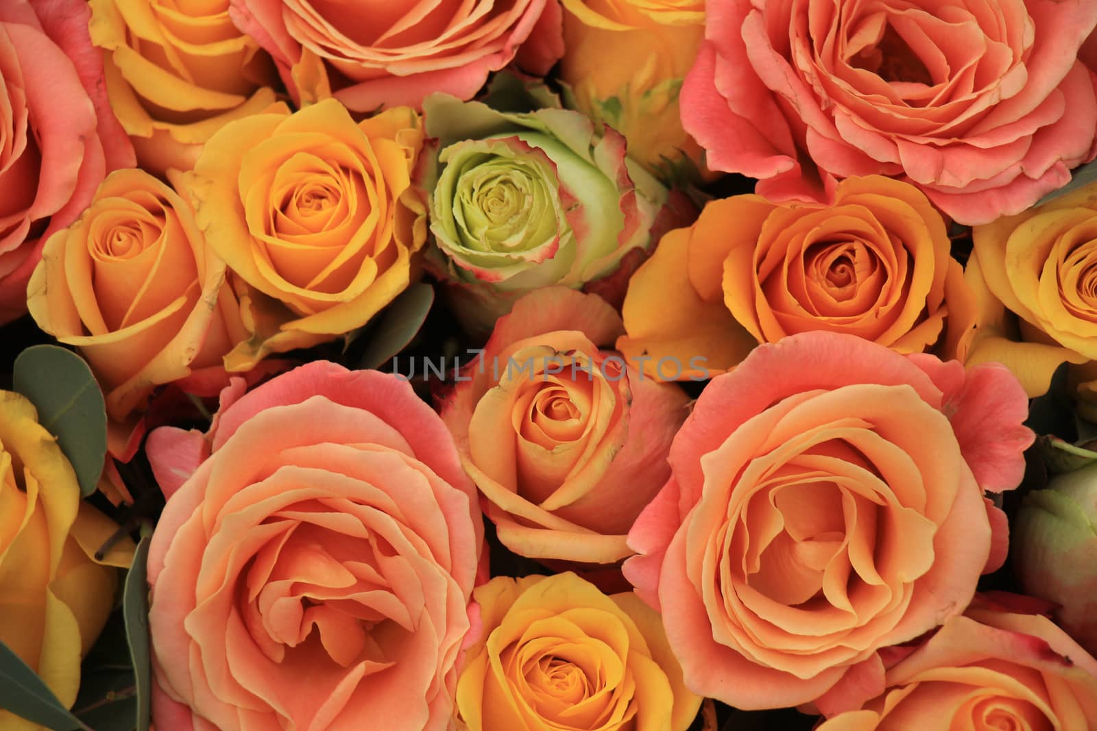 Yellow, orange and pink roses in a floral arrangement at a wedding