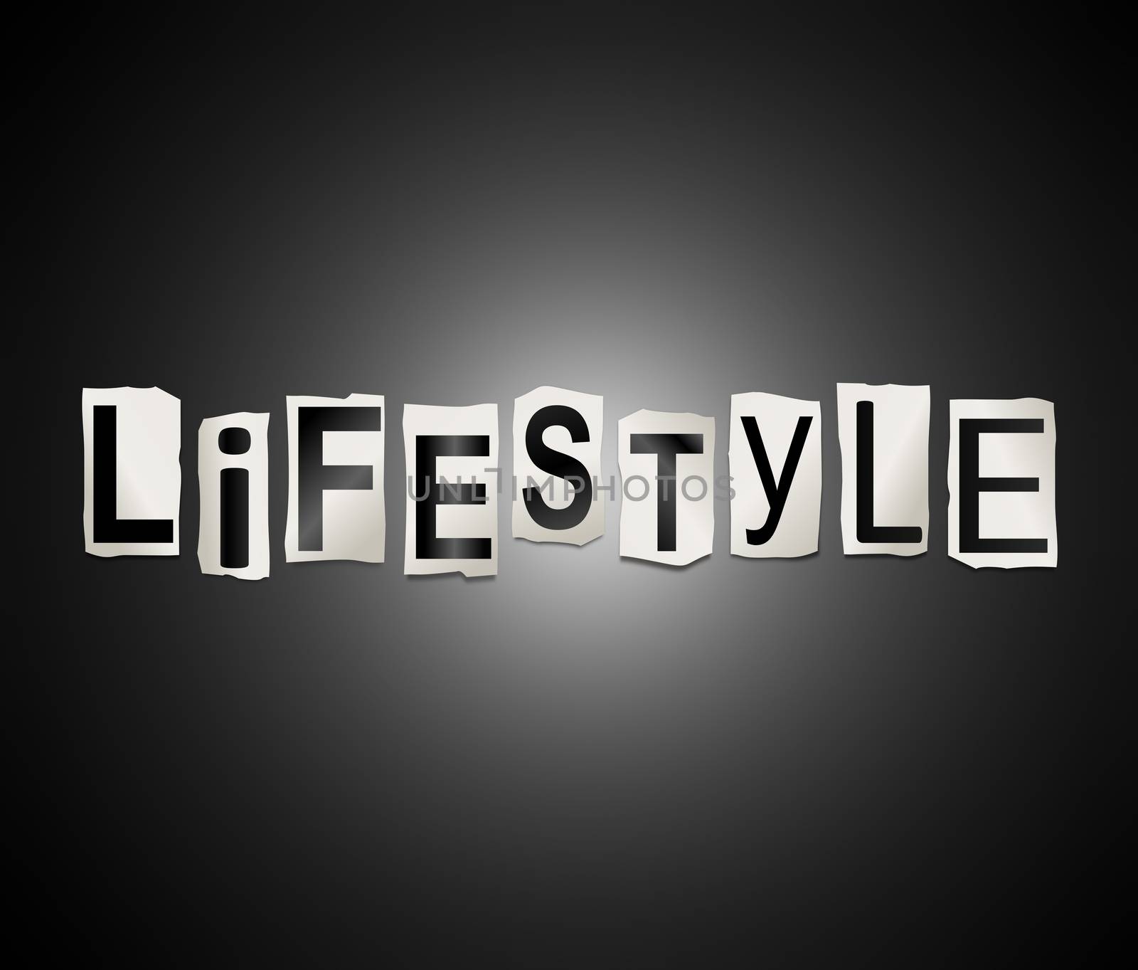 Illustration depicting a set of cut out printed letters arranged to form the word lifestyle.