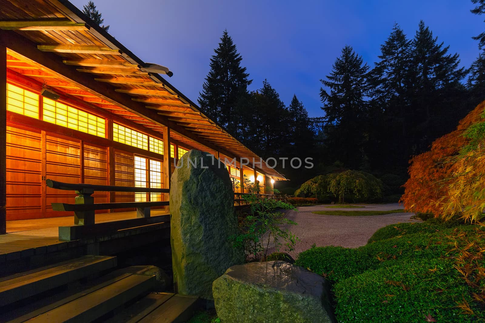 Tranquility by the Pavilion in Japanese Garden at Dawn