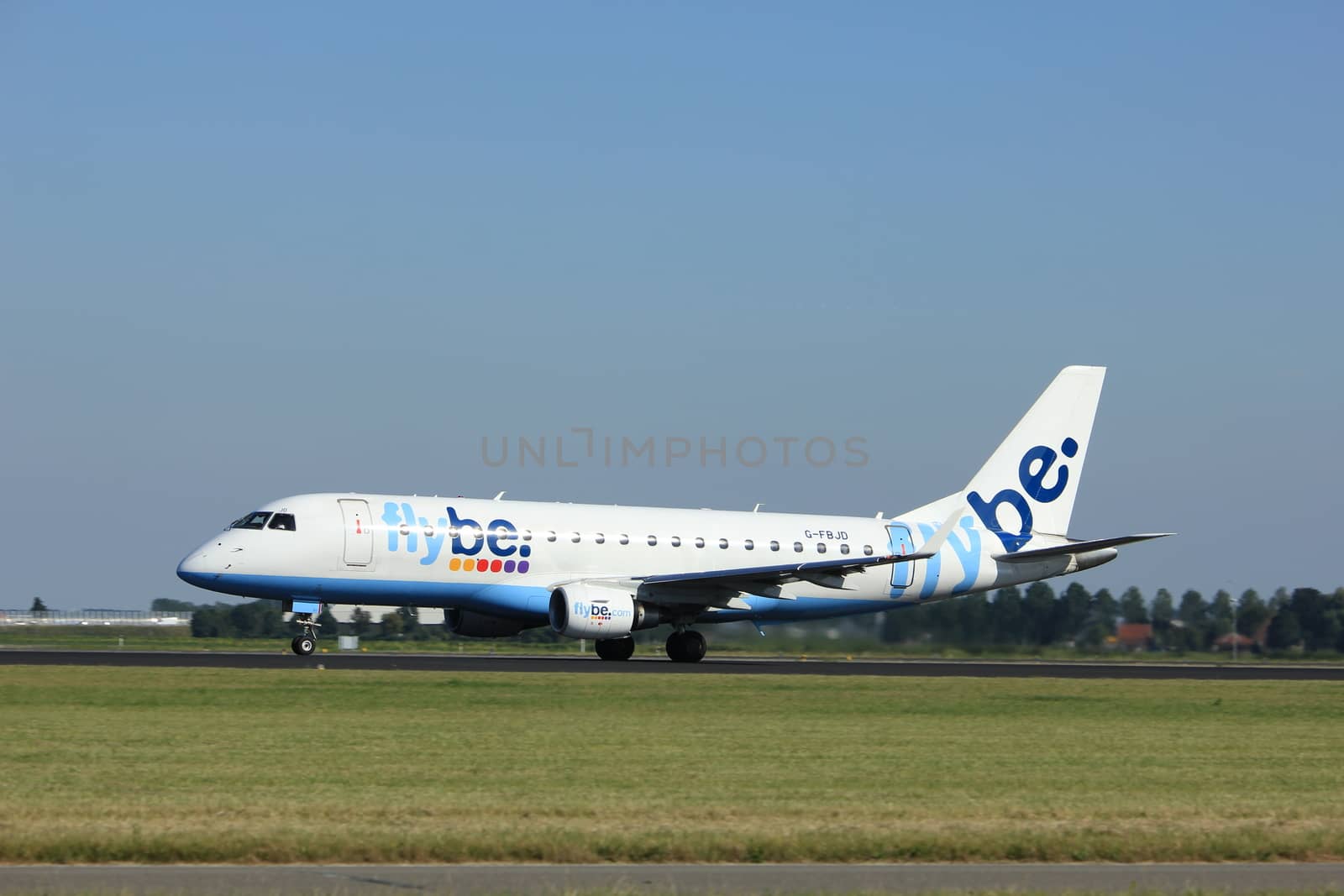 Amsterdam, the Netherlands  - August, 18th 2016:G-FBJD Flybe Embraer ERJ-175STD,
taking off from Polderbaan Runway Amsterdam Airport Schiphol