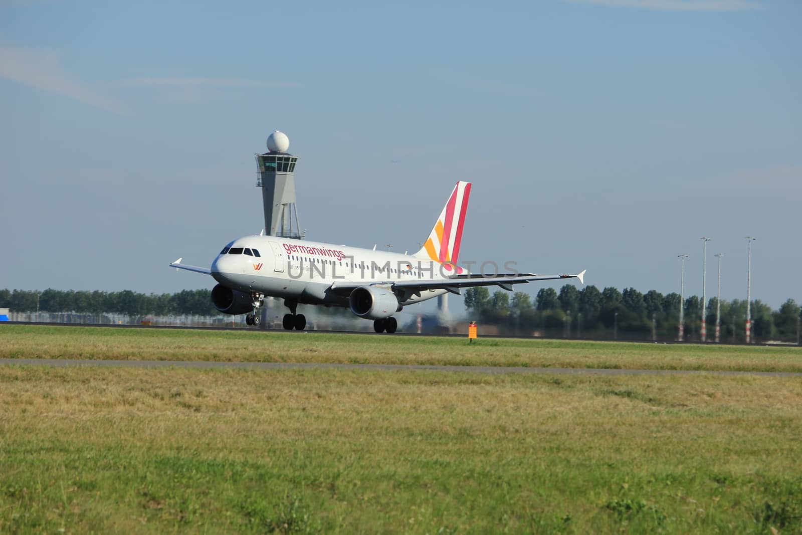 Amsterdam, the Netherlands  - August, 18th 2016: D-AKNN Germanwings Airbus A319,
taking off from Polderbaan Runway Amsterdam Airport Schiphol