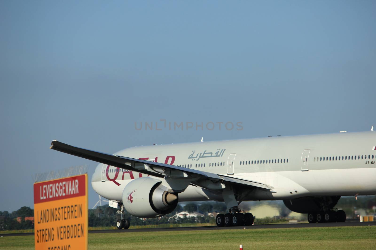 Amsterdam, the Netherlands  - August, 18th 2016: A7-BAY Qatar Airways Boeing 777,
taking off from Polderbaan Runway Amsterdam Airport Schiphol