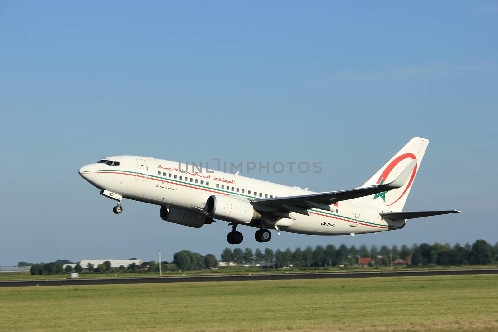 Amsterdam, the Netherlands  - August, 18th 2016: CN-RNR Royal Air Maroc Boeing 737-7B6,
taking off from Polderbaan Runway Amsterdam Airport Schiphol