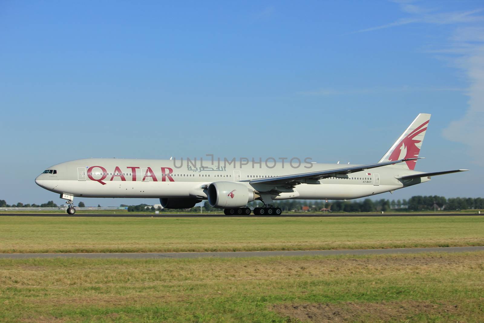 Amsterdam, the Netherlands  - August, 18th 2016: A7-BAY Qatar Airways Boeing 777,
taking off from Polderbaan Runway Amsterdam Airport Schiphol