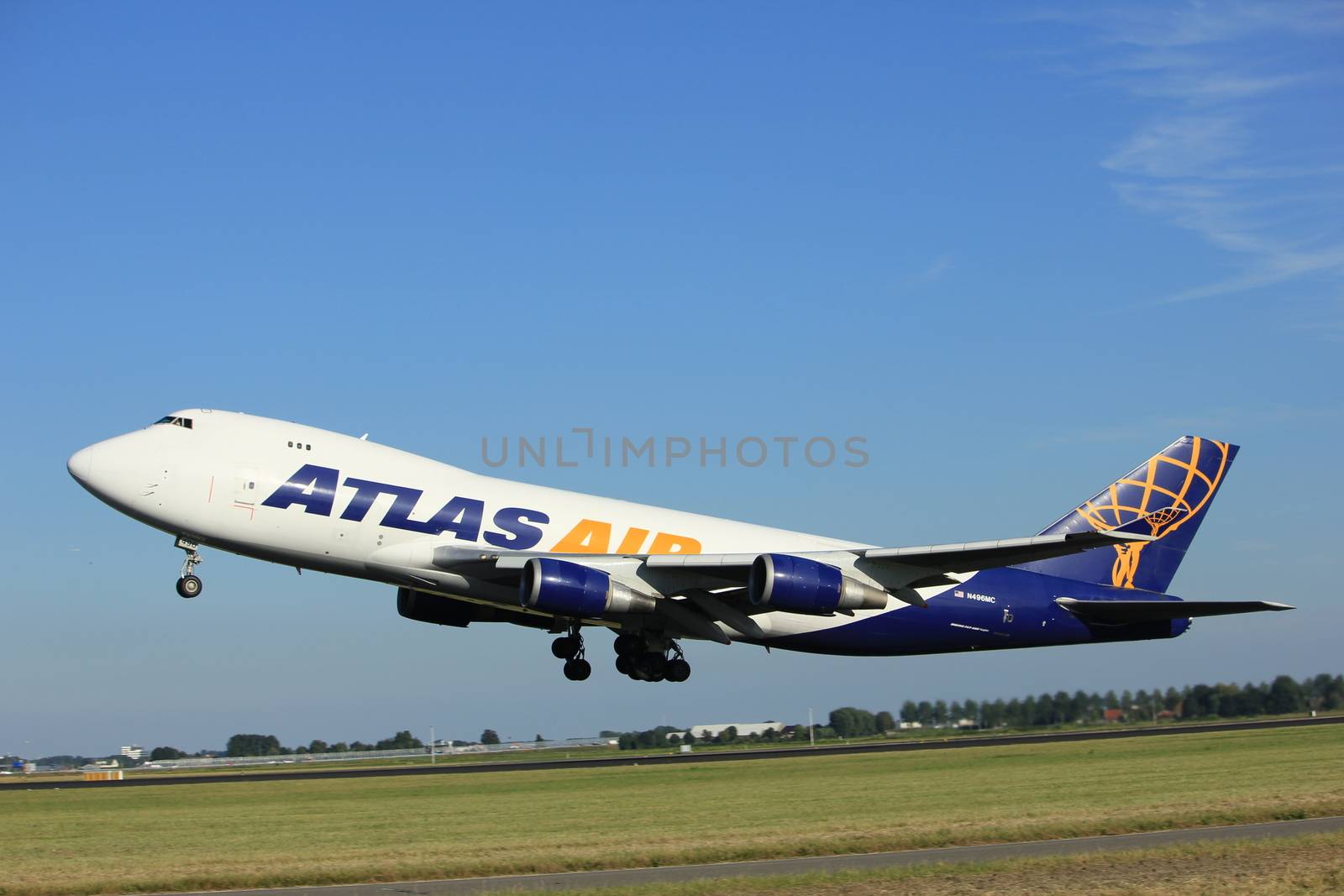 Amsterdam, the Netherlands  - August, 18th 2016: N496MC Atlas Air Boeing 747-47UF,
taking off from Polderbaan Runway Amsterdam Airport Schiphol