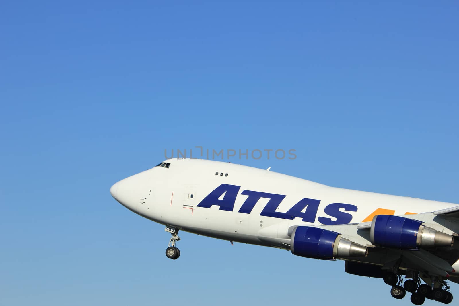 Amsterdam, the Netherlands  - August, 18th 2016: N496MC Atlas Air Boeing 747-47UF,
taking off from Polderbaan Runway Amsterdam Airport Schiphol