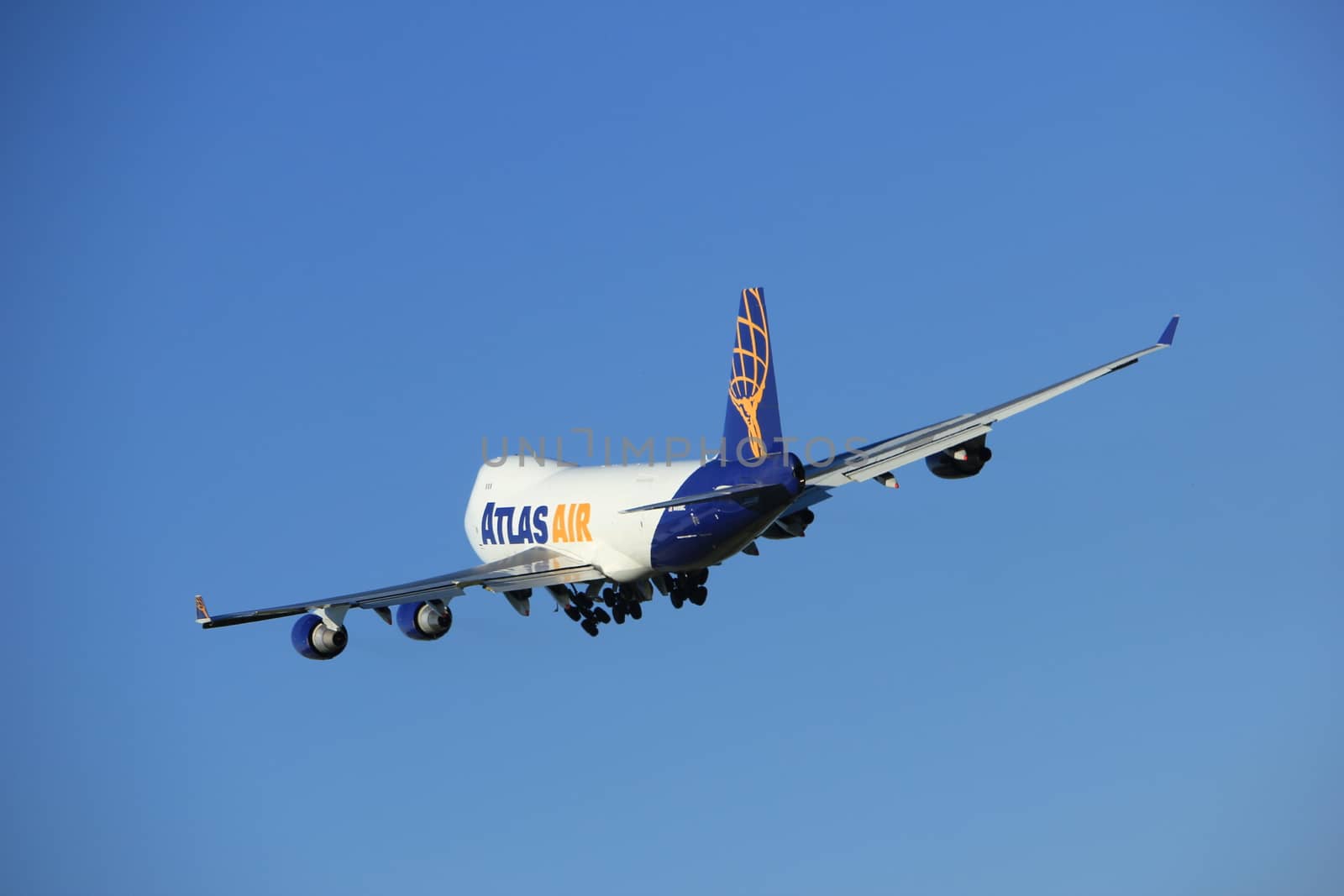 Amsterdam, the Netherlands  - August, 18th 2016: N496MC Atlas Air Boeing 747-47UF,
taking off from Polderbaan Runway Amsterdam Airport Schiphol