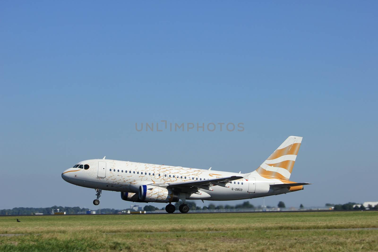 Amsterdam, the Netherlands  - August, 18th 2016: G-DBCD British Airways Airbus A319-131 Olympic Dove livery,
taking off from Polderbaan Runway Amsterdam Airport Schiphol