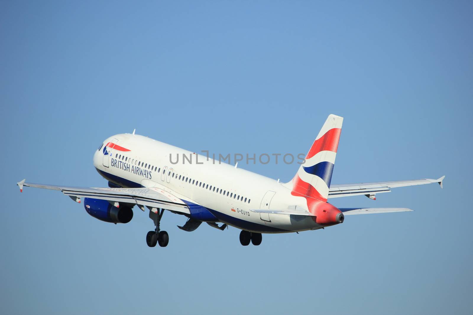 Amsterdam, the Netherlands  - August, 18th 2016: G-EUYD British Airways Airbus A320
taking off from Polderbaan Runway Amsterdam Airport Schiphol