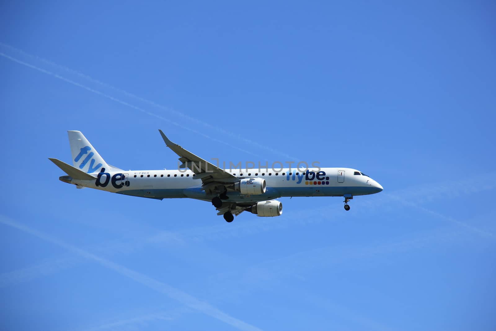 Amsterdam the Netherlands - May, 5th 2016: G-FBEH Flybe Embraer ERJ-195LR approaching Schiphol Polderbaan runway, arriving from Doncaster, United Kingdom