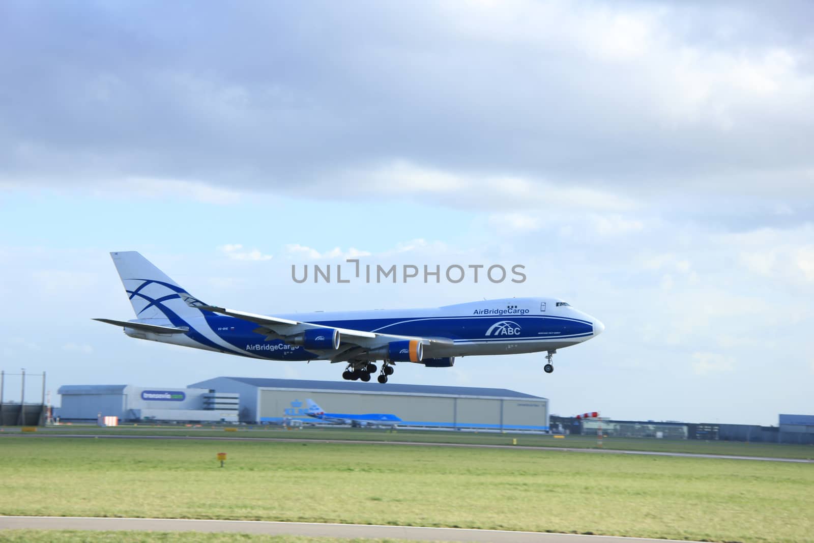 Amsterdam, The Netherlands, march 31, 2015: VQ-BHE AirBridgeCargo Boeing 747-400F    approaching on runway 09-27 Buitenveldert