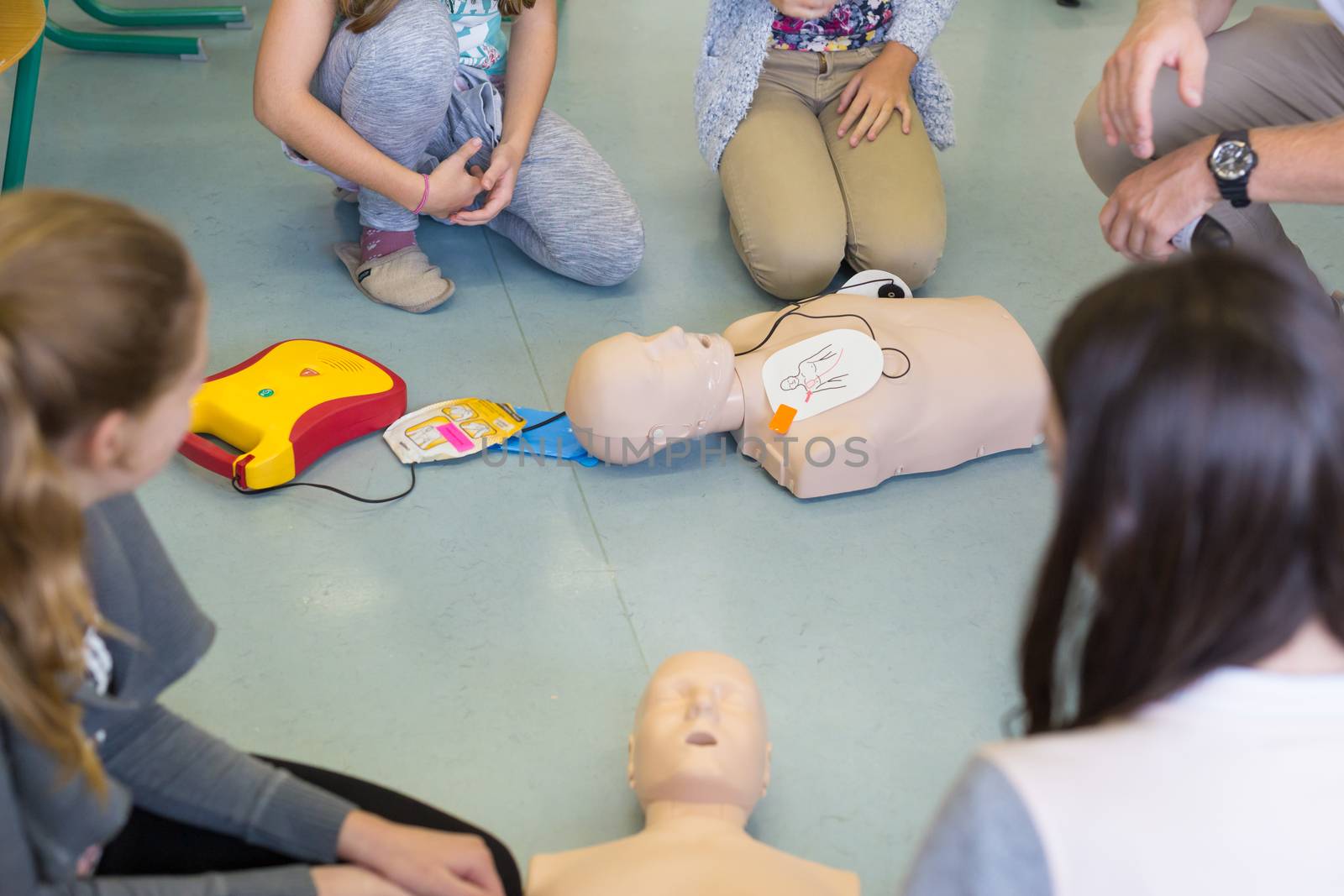 First aid cardiopulmonary resuscitation course using automated external defibrillator device, AED.
