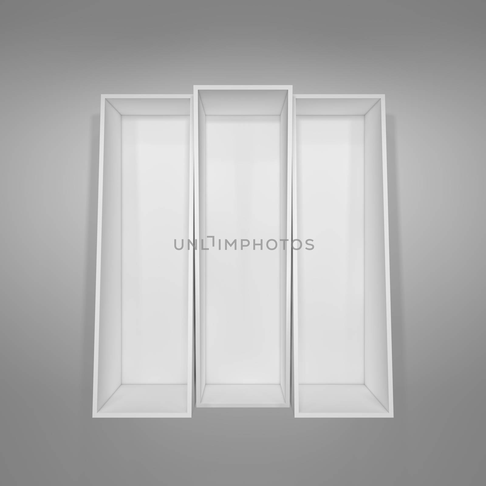 Illuminated white shelf for presentations. Gray background. 3D illustration