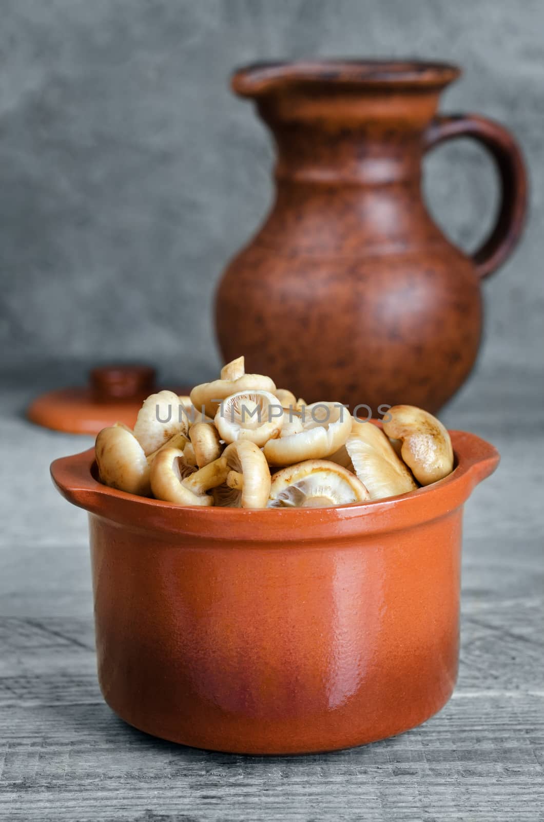 Raw washed mushrooms in a ceramic pot and a jug, on a gray background. Selective focus.