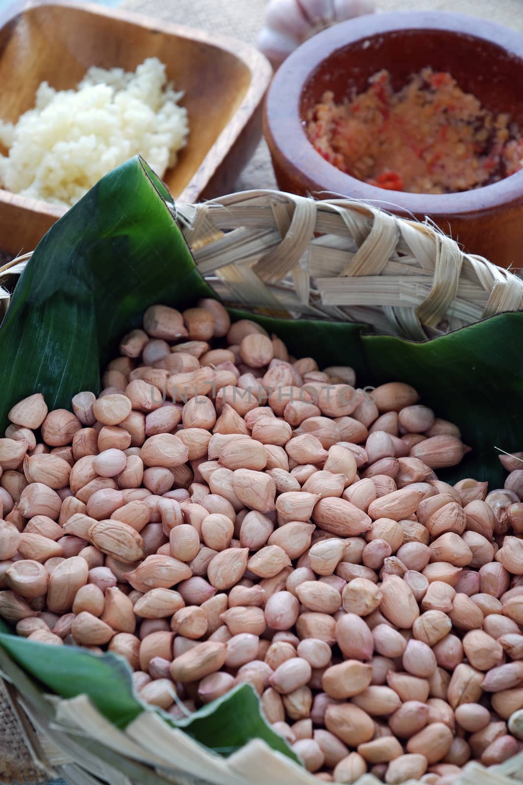 Vietnamese snack food, roasted peanut with red hot pepper, garlic, salt, make delicious eating