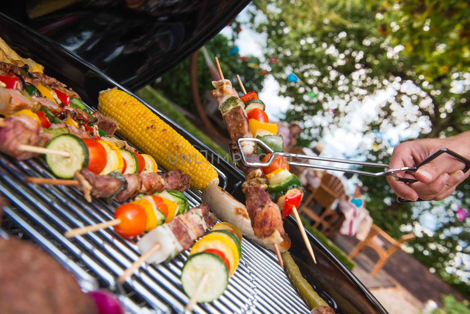 Assorted delicious grilled meat with vegetable over the coals on a barbecue