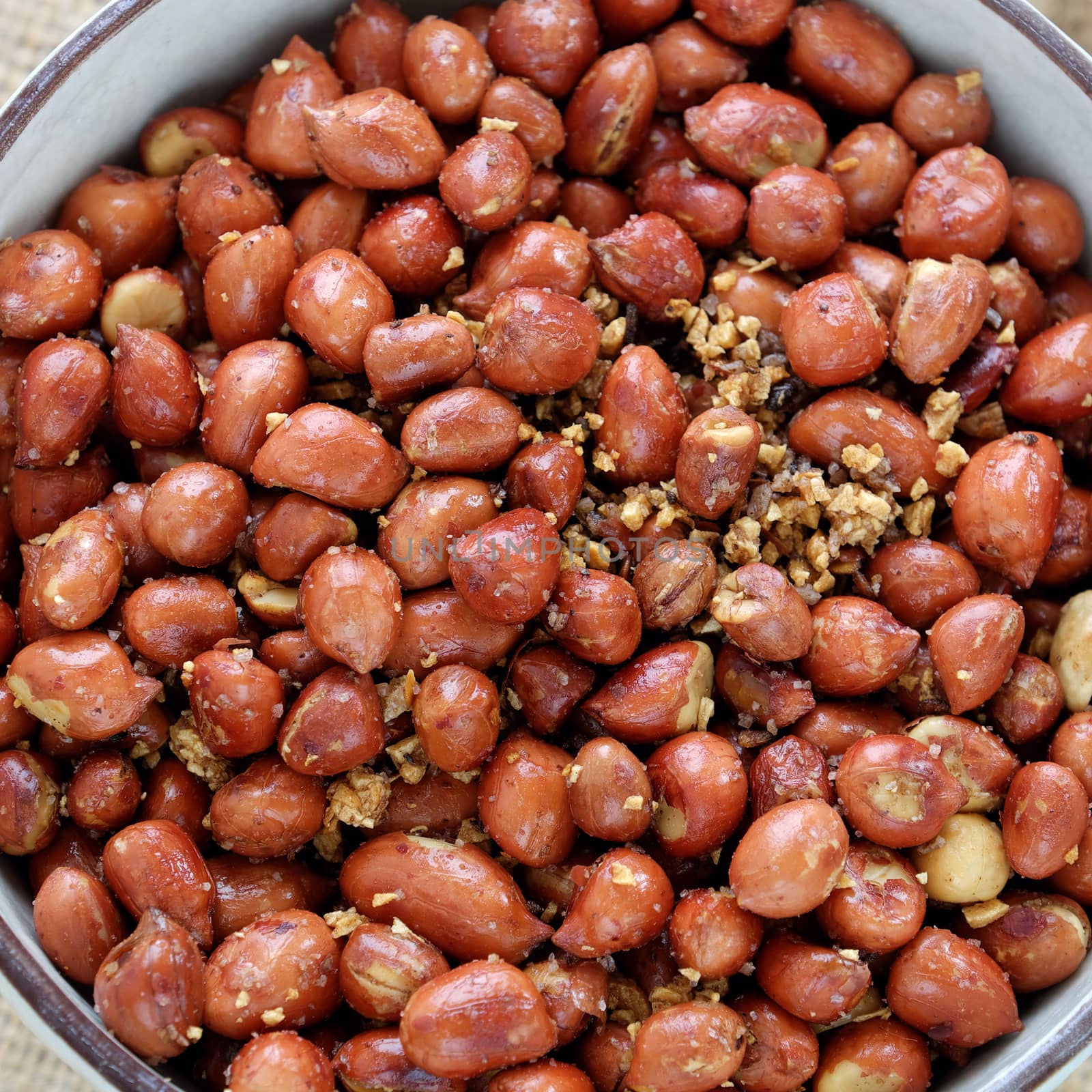 Vietnamese snack food, roasted peanut with red hot pepper, garlic, salt, make delicious eating