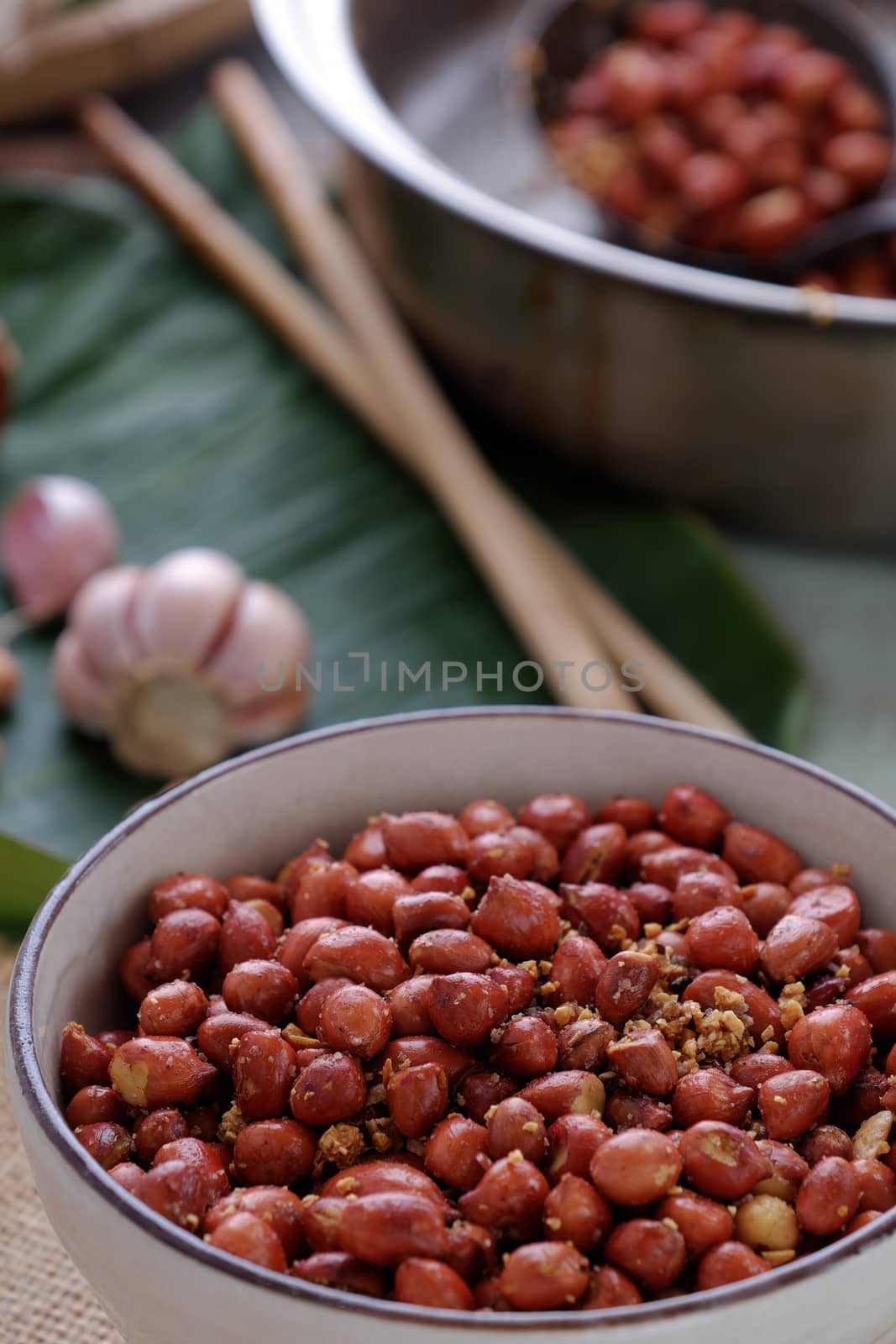 Vietnamese snack food, roasted peanut with red hot pepper, garlic, salt, make delicious eating