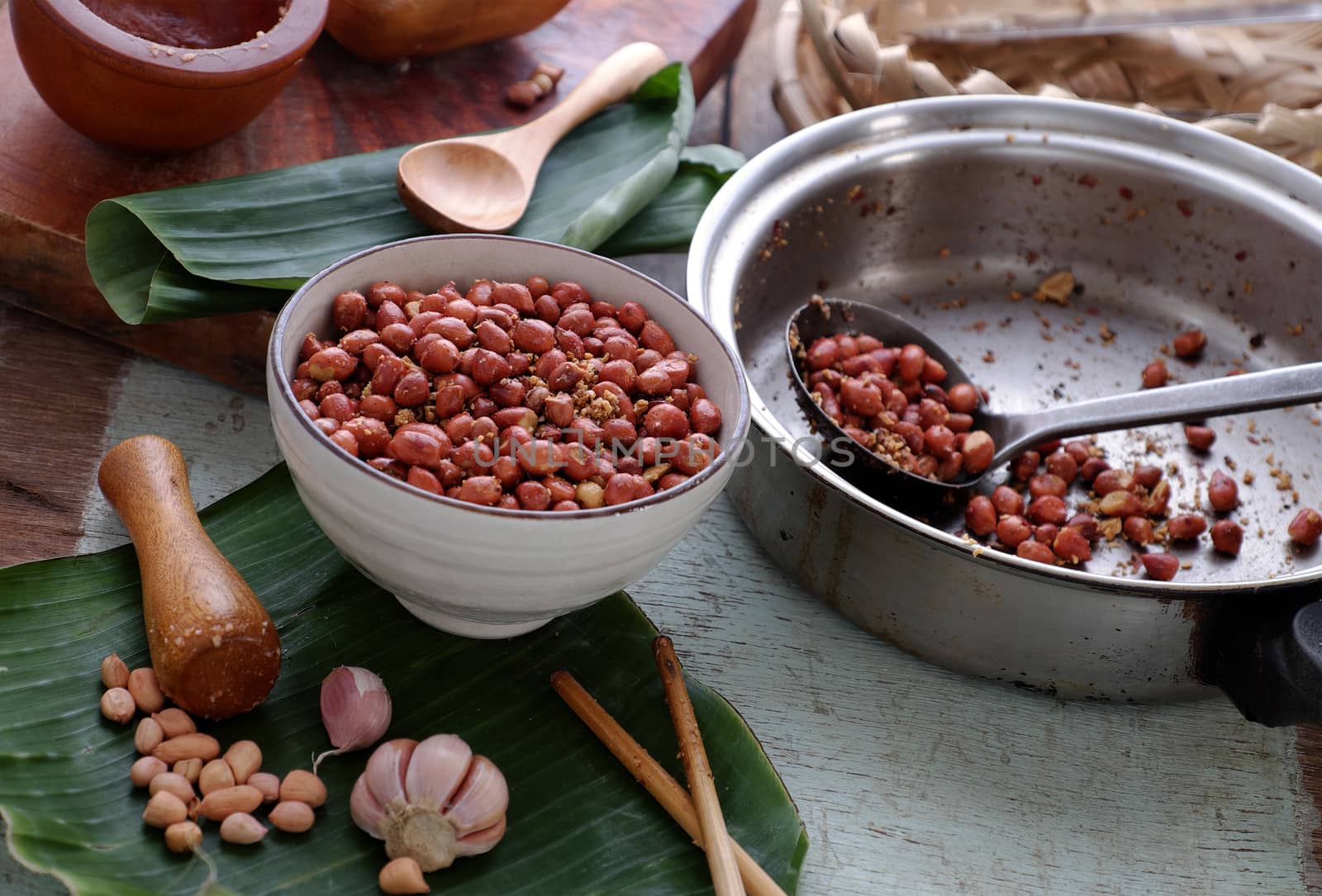 Vietnamese snack food, roasted peanut with red hot pepper, garlic, salt, make delicious eating