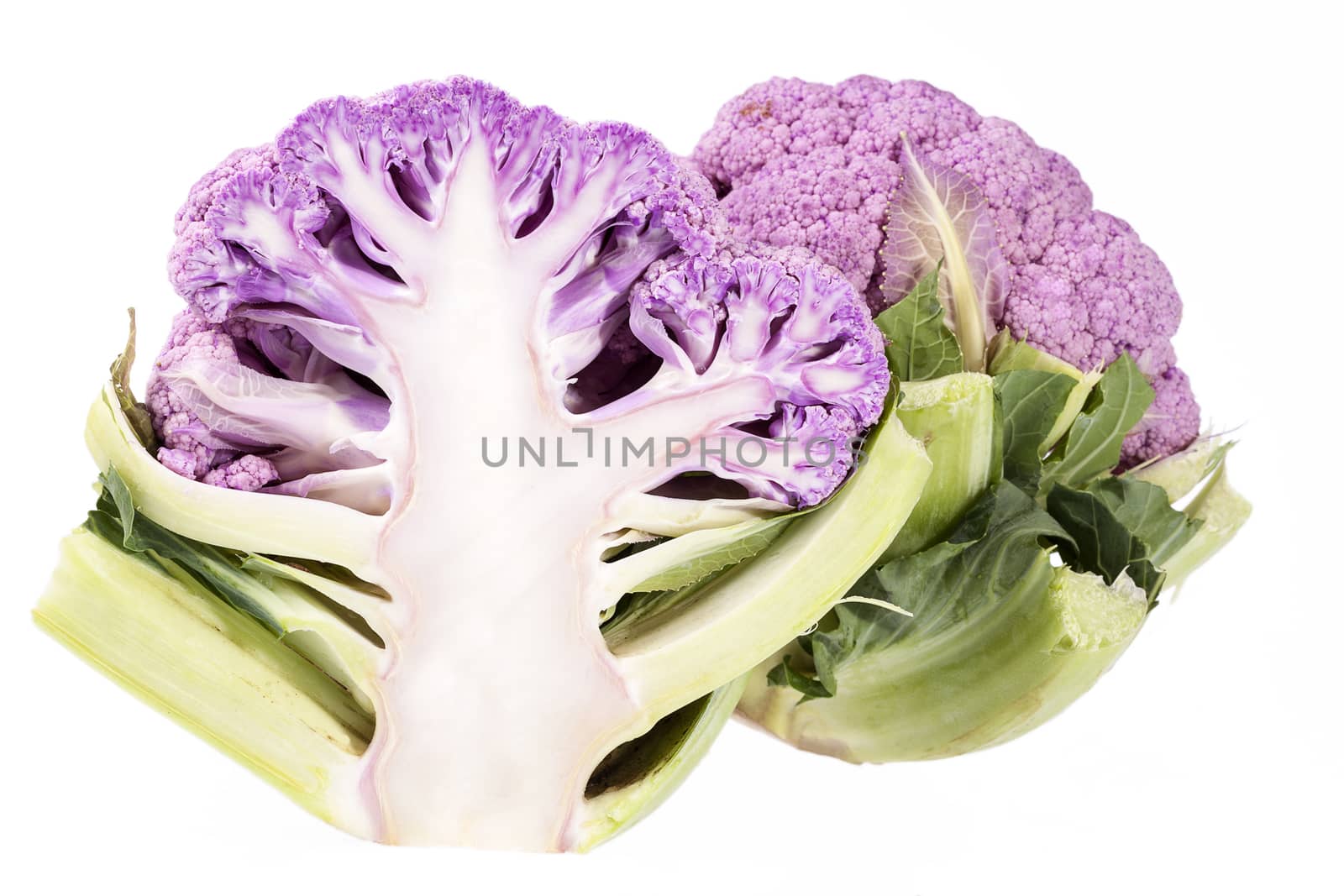 Half of pink cauliflower isolated on white background, close up
