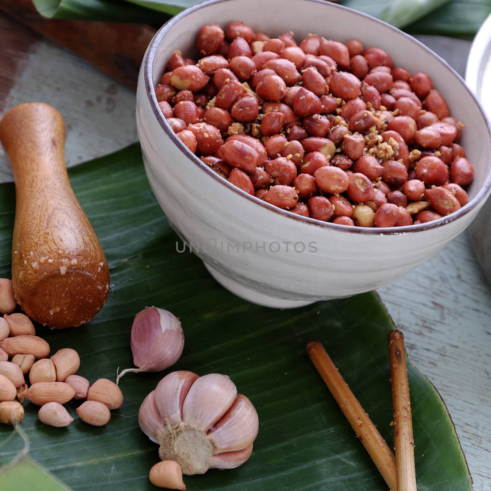 Vietnamese snack food, roasted peanut with red hot pepper, garlic, salt, make delicious eating