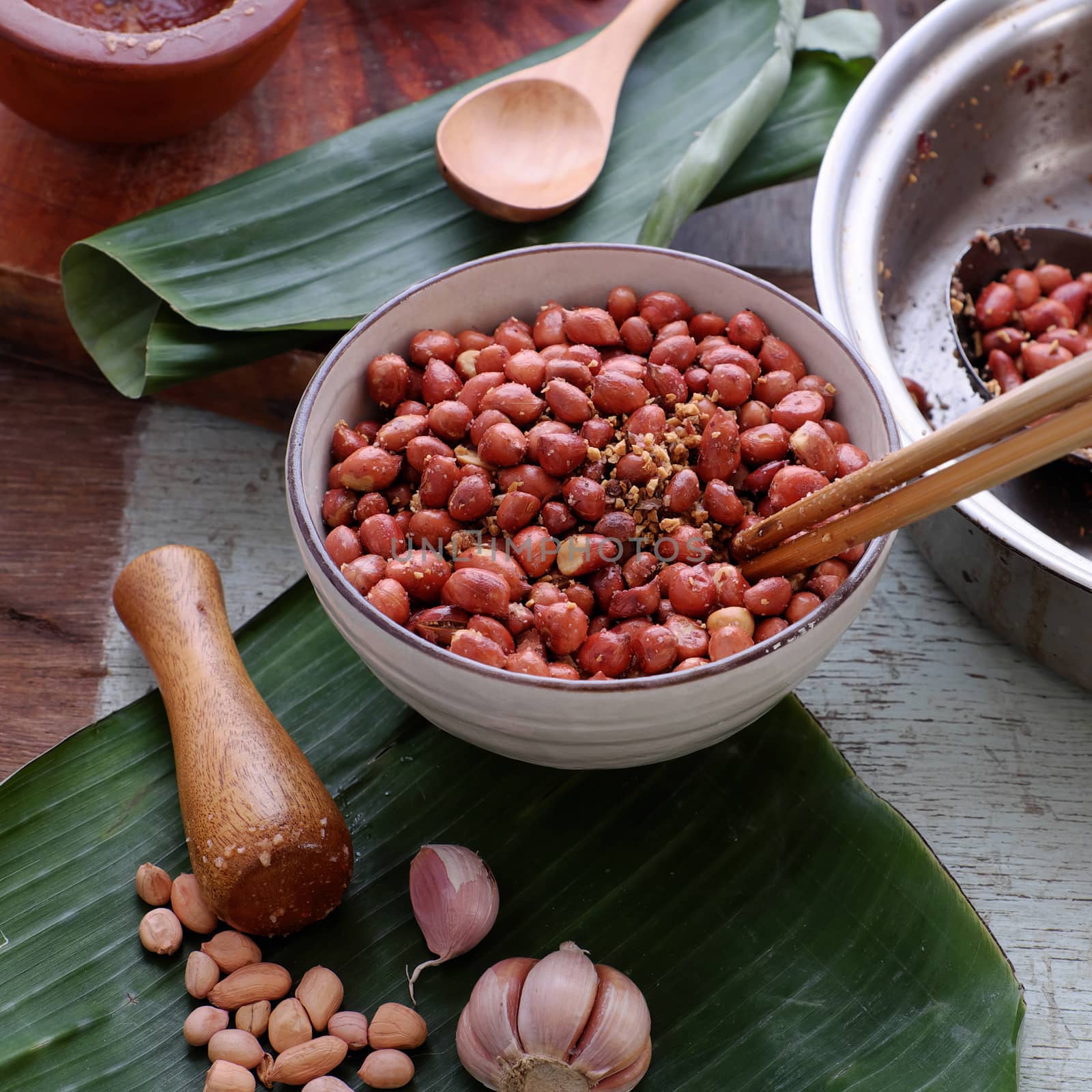 Vietnamese snack food, roasted peanut with red hot pepper, garlic, salt, make delicious eating