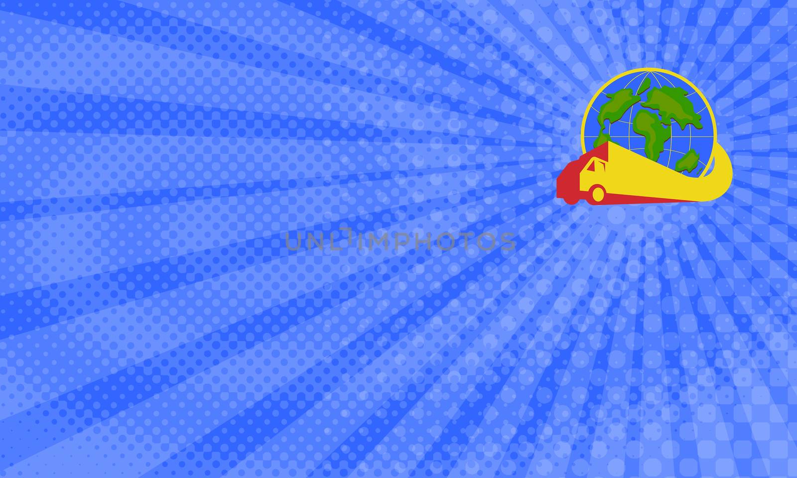 Business card showing Illustration of a delivery truck lorry going around the world with globe in the background done in retro style.


