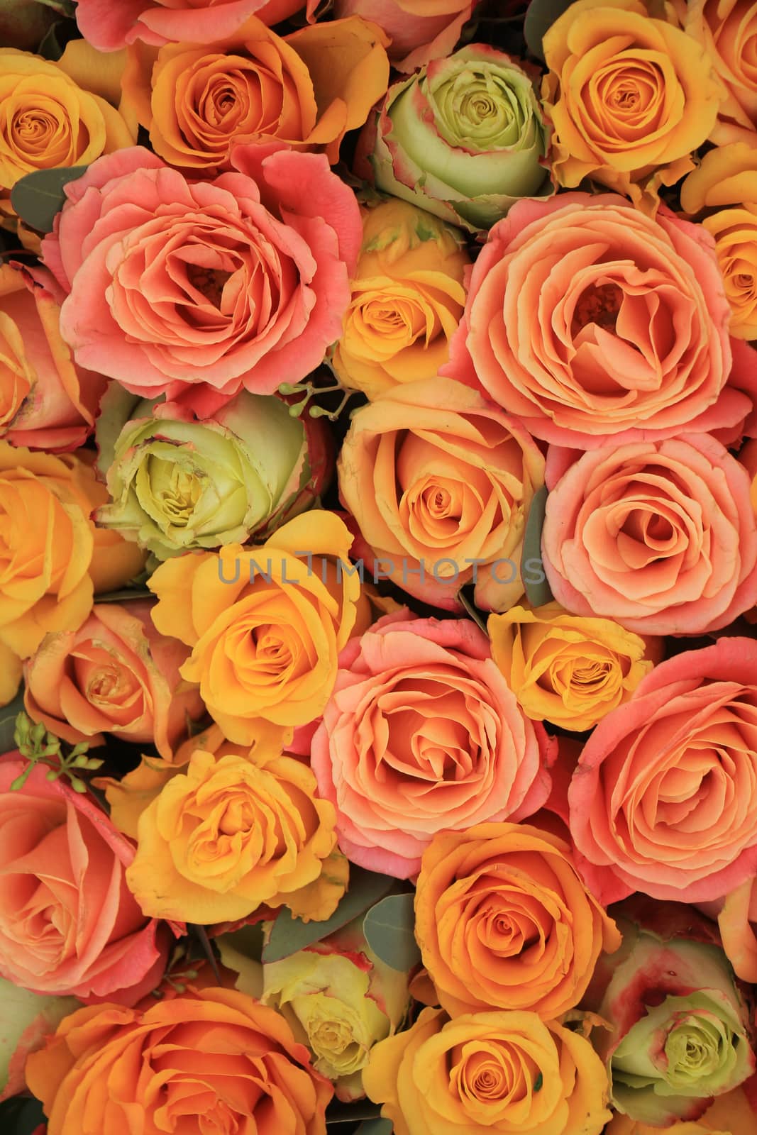 Yellow, orange and pink roses in a floral arrangement at a wedding