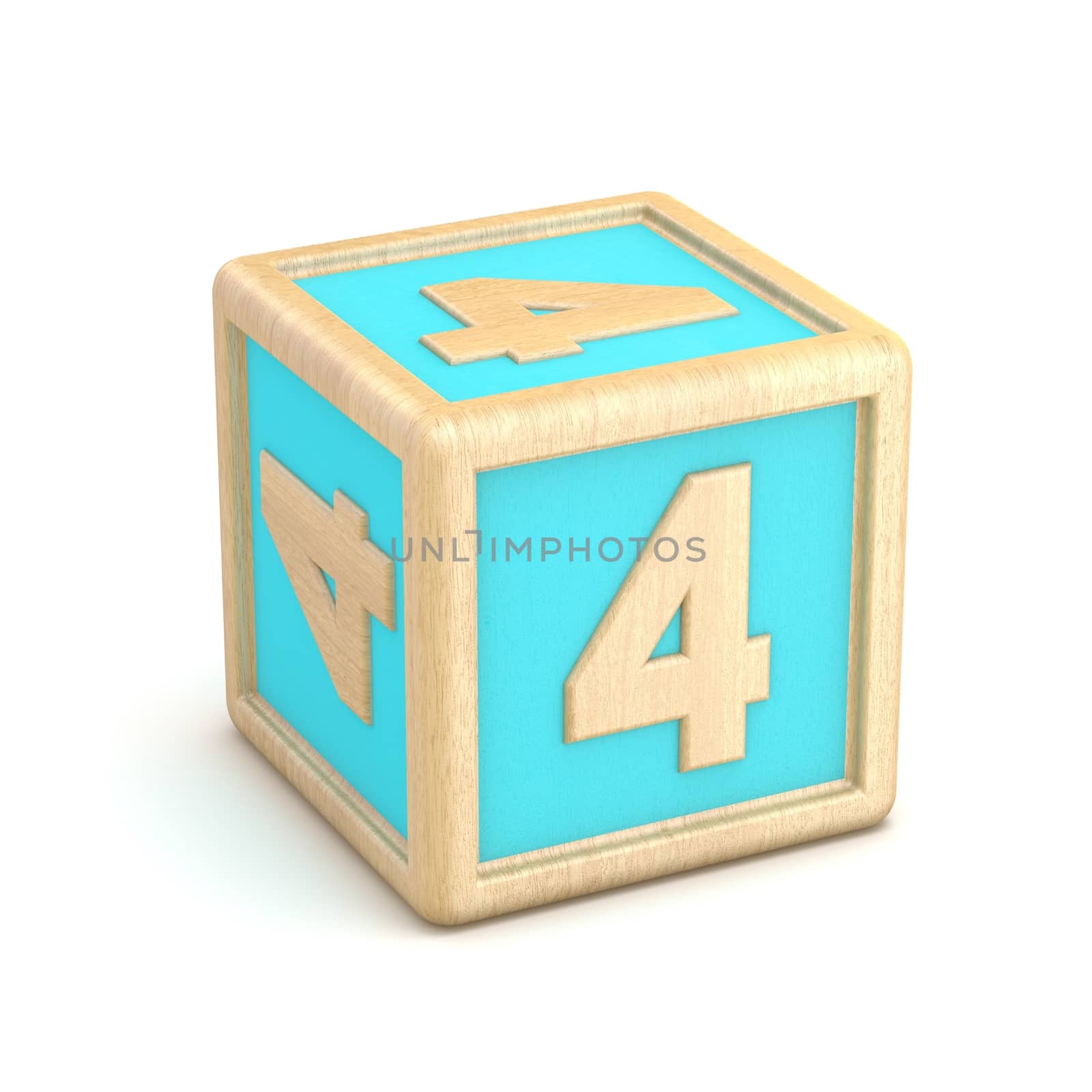 Number 4 FOUR wooden alphabet blocks font rotated. 3D render illustration isolated on white background