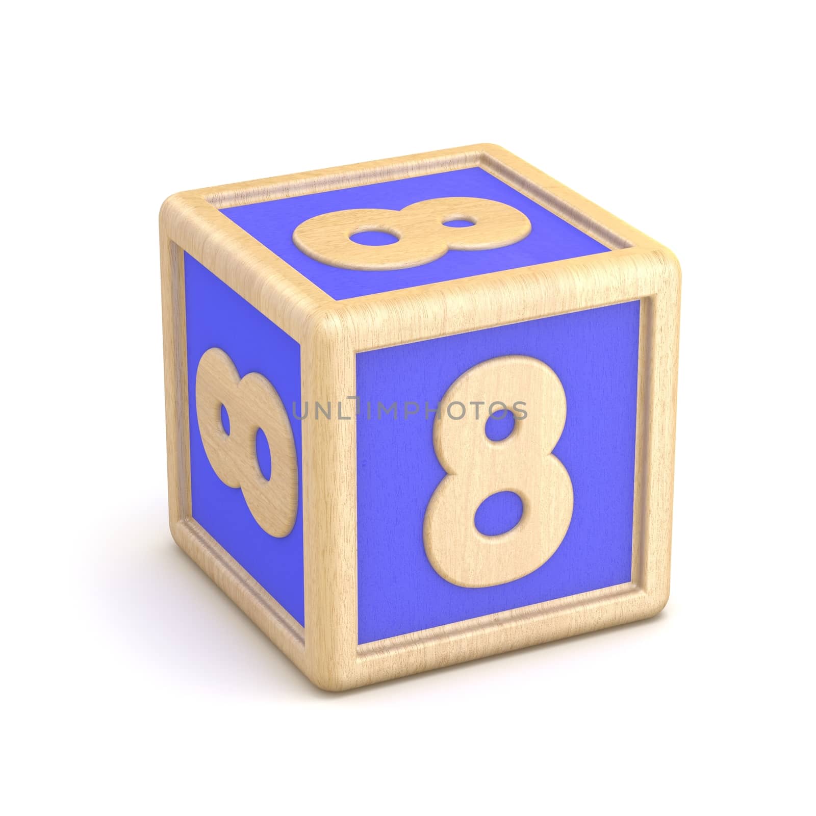 Number 8 EIGHT wooden alphabet blocks font rotated. 3D render illustration isolated on white background