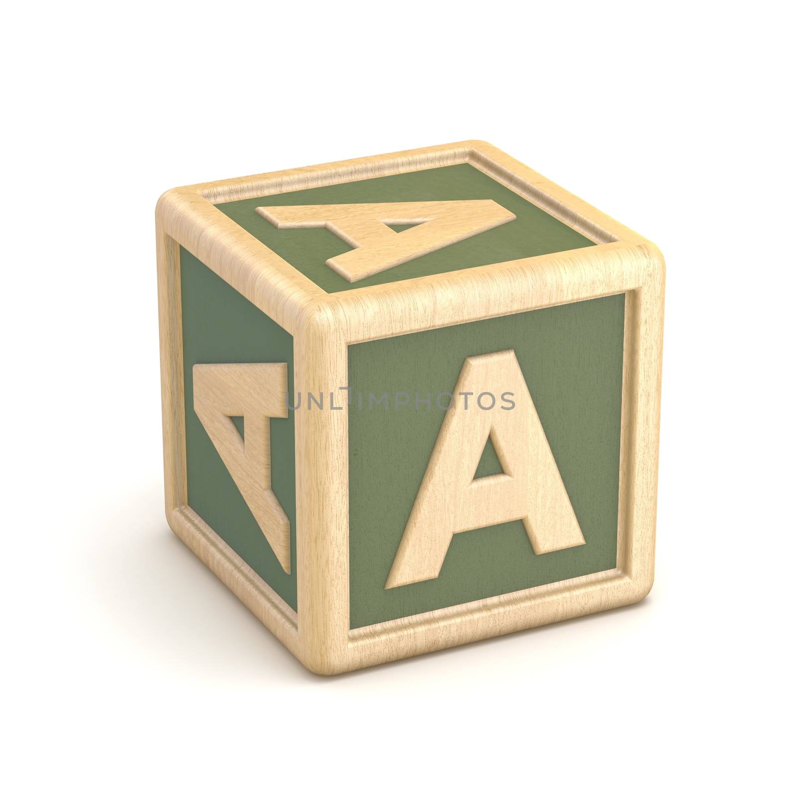 Letter A wooden alphabet blocks font rotated. 3D render illustration isolated on white background