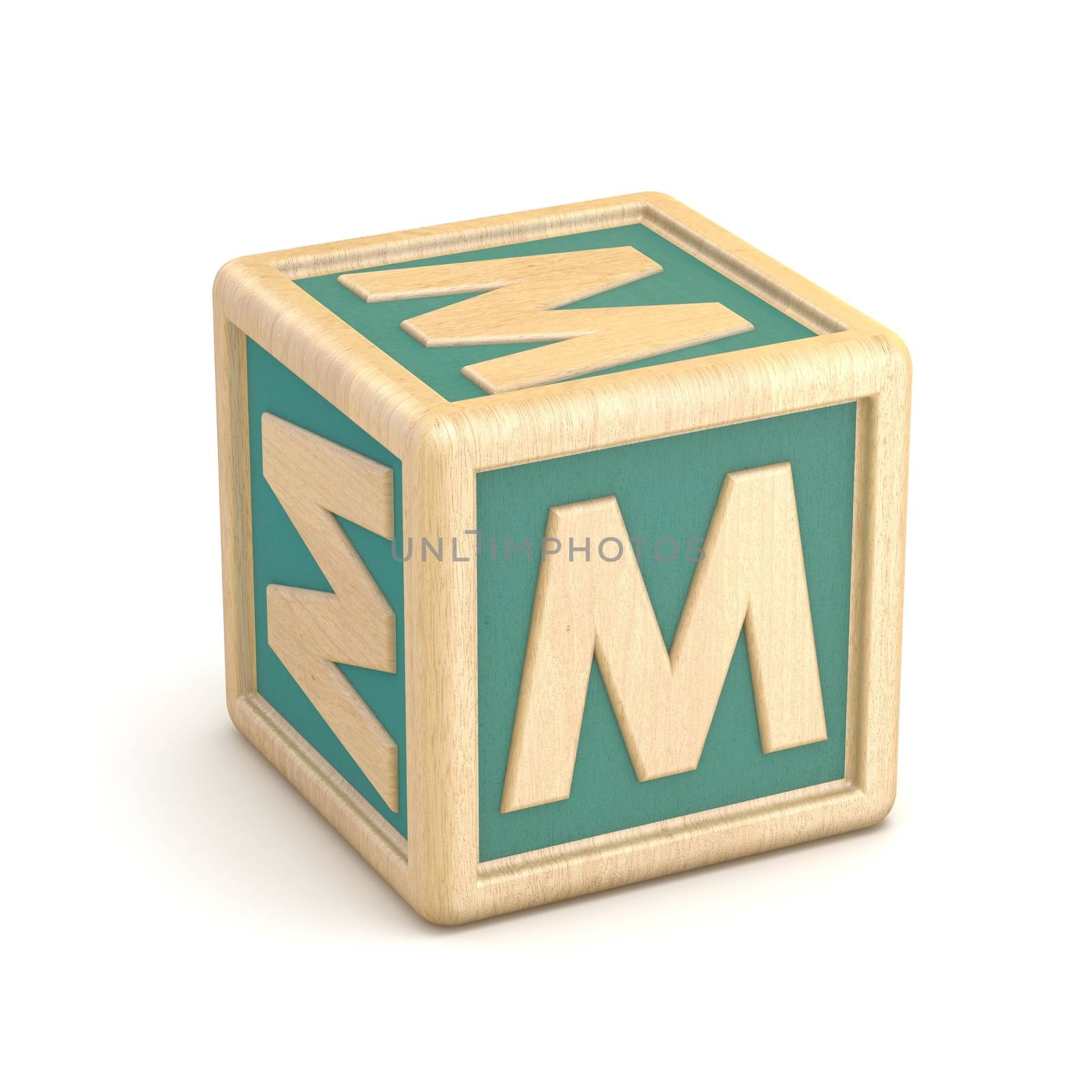 Letter M wooden alphabet blocks font rotated. 3D render illustration isolated on white background